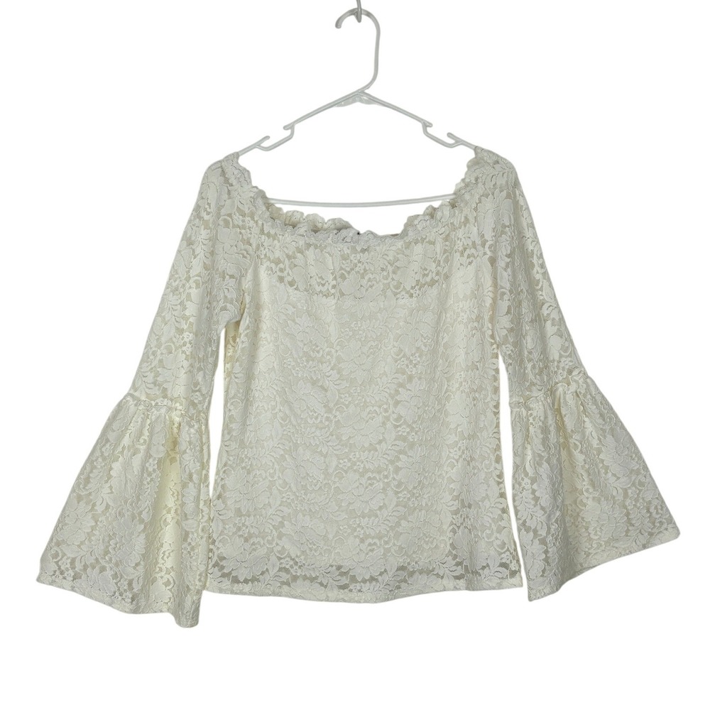 Red Haute Lace Off Shoulder Top Womens Medium Cream Boho Bell Sleeve Coquette
